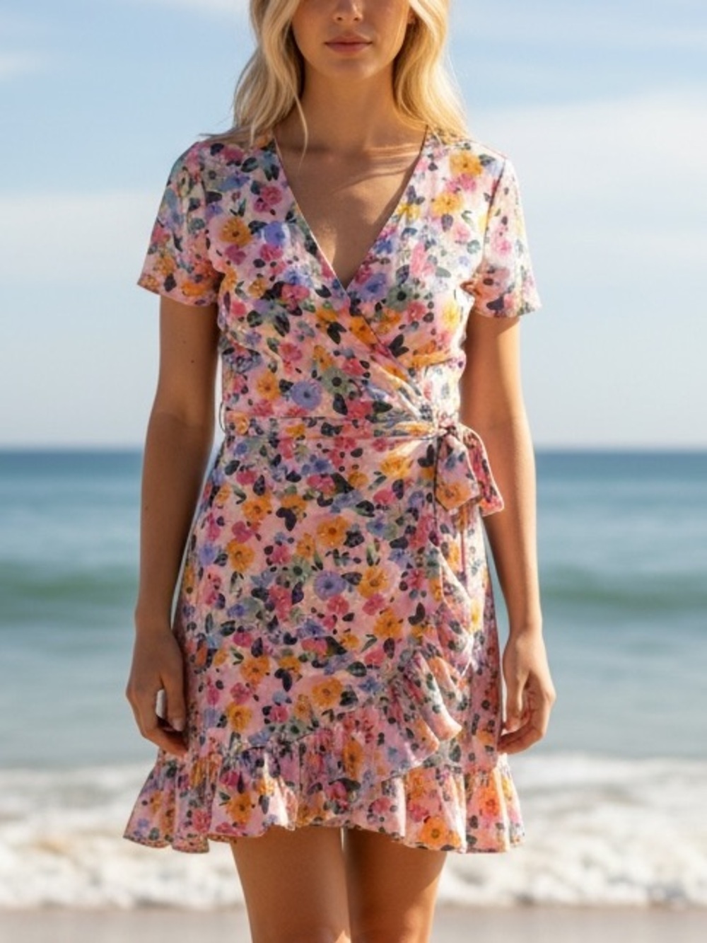 Rebel Sugar Pink Floral Mini Faux Wrap Ruffle Hem Short Sleeve Dress Sz XL